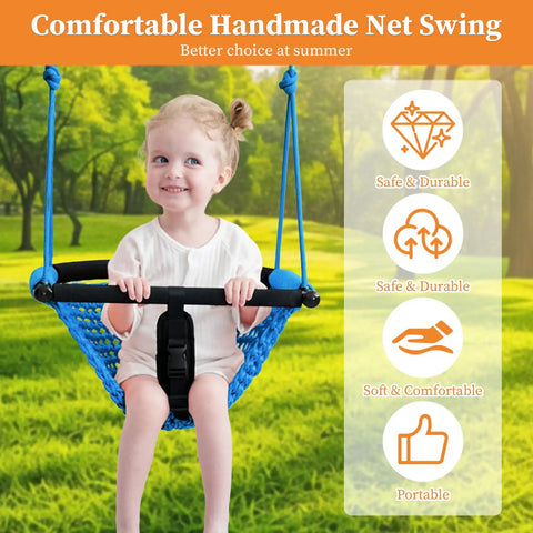 Indoor Outdoor Handmade DIY Net Swing For Kids With Adjustable Rope Versatile Backyard Playground Swing shown in use