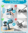 700W HVLP Paint Gun With Four Swappable Nozzles And Three Spray Patterns Featuring A Turbo Dust Blaster And One Push Clean System showing proper and improper handling.