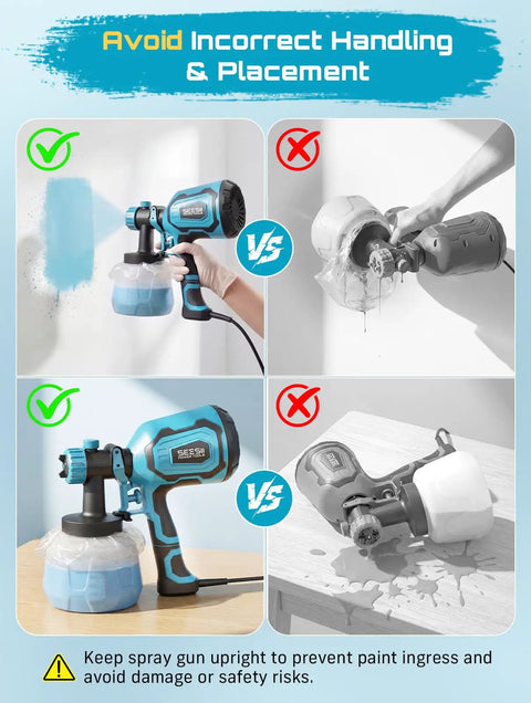 700W HVLP Paint Gun With Four Swappable Nozzles And Three Spray Patterns Featuring A Turbo Dust Blaster And One Push Clean System showing proper and improper handling.