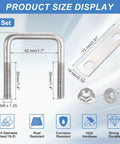Two Pack Square U Bolts With Flange Nuts For Trailer And Automotive Use One And Three Quarters Inch Inner Width Two And Nine Sixteenths Inch Length 304 Stainless Steel U Bolts With Frame Plates - product size display showing dimensions and features.