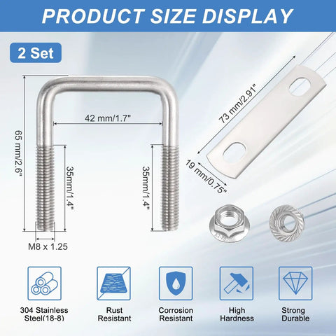 Two Pack Square U Bolts With Flange Nuts For Trailer And Automotive Use One And Three Quarters Inch Inner Width Two And Nine Sixteenths Inch Length 304 Stainless Steel U Bolts With Frame Plates - product size display showing dimensions and features.