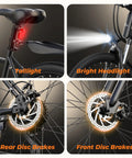 Beast Mode 1500W Peak Electric Bike showing front and rear disc brakes, taillight, and headlight, ideal commuter e-bike features