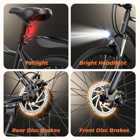 Beast Mode 1500W Peak Electric Bike showing front and rear disc brakes, taillight, and headlight, ideal commuter e-bike features
