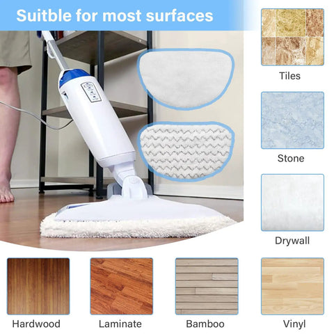 12 Pack Replacement Pads For PowerFresh Steam Mop 1940 Series shown on laminate and tile surfaces