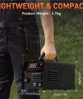 Person holding All In One 3 In 1 Semi Automatic Welding Machine For MMA MIG Lift TIG Inverter Non Gas Welder Pro Grade Heavy Duty Portable 3 Weld Modes Adjustable Amperage Ideal For Home Shop And Pros Model HVM200 showing its compact size and weight of 3.7kg