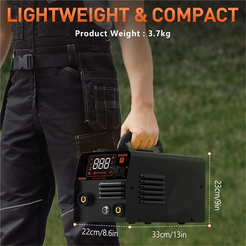 Person holding All In One 3 In 1 Semi Automatic Welding Machine For MMA MIG Lift TIG Inverter Non Gas Welder Pro Grade Heavy Duty Portable 3 Weld Modes Adjustable Amperage Ideal For Home Shop And Pros Model HVM200 showing its compact size and weight of 3.7kg