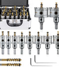 16-Piece Carbide Hole Saw Kit for Metal and Stainless Steel with titanium pilot drills and wrenches displayed with case