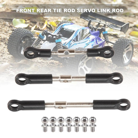 7 Piece Front And Rear Tie Rod Servo Link Rod Set With Ball Heads For 144001 144010 124017 And 124019 RC Cars Durable Metal And Plastic Upgrade Easy To Install Precision Steering Replacement Parts. RC tie rod set with ball heads, metal and plastic, shown with threaded ends and 7 ball studs.