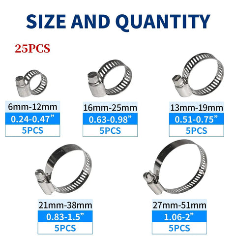 Get This Cool 25 Piece Stainless Steel Hose Clamp Set With Worm Gear Design Perfect For Auto And Home Jobs Ranging From Quarter To Two Inches. 25 pcs, 5 sizes
