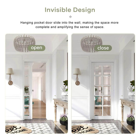 Six Foot Soft Close Pocket Door Hardware Kit With Aluminum Box Rail, Concealed Track, shown installed in open and closed positions