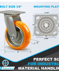 Built Like A Tank Heavy Duty Swivel Caster 6 X 2 Inch with aluminum core, orange polyurethane tread, and mounting plate dimensions.