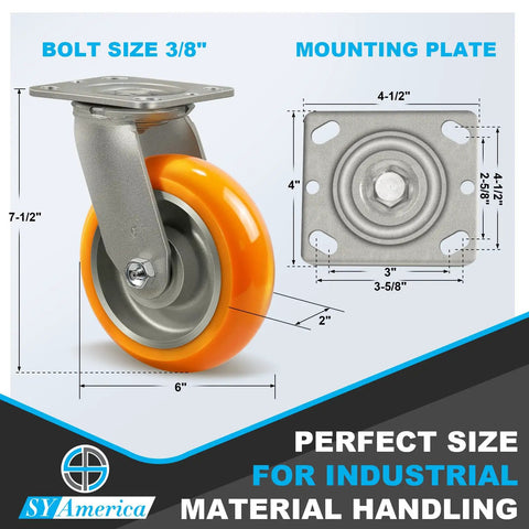 Built Like A Tank Heavy Duty Swivel Caster 6 X 2 Inch with aluminum core, orange polyurethane tread, and mounting plate dimensions.