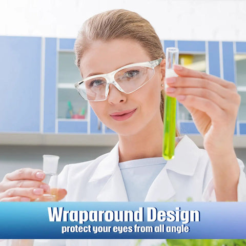 Person wearing Six Pack Clear Safety Glasses Eyewear Set For Work Lab And Construction ANSI Z87.1 Eye Protection With Scratch Resistant Lenses