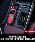 Cordless Tire Inflator With Digital Pressure Gauge in car console with Phone charging, Portable Air Pump For Cars, Bikes And Motorcycles, 6000mAh Battery, 150 PSI Max, Fast Inflation From 30 To 36 PSI In Seconds, 12V DC Corded Option