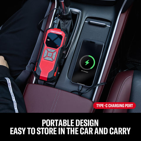 Cordless Tire Inflator With Digital Pressure Gauge in car console with Phone charging, Portable Air Pump For Cars, Bikes And Motorcycles, 6000mAh Battery, 150 PSI Max, Fast Inflation From 30 To 36 PSI In Seconds, 12V DC Corded Option