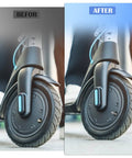 Before and after image showing a scooter front wheel with attached 4 Pack Brass Tire Valve Extenders 27mm Screw In Cap Extensions