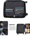 Open interior view of hard shell carry on luggage 20 inch with spinner wheels showing spacious compartments and elastic straps inside.