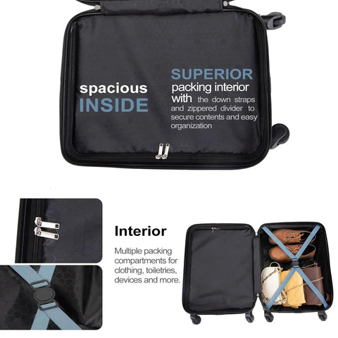 Open interior view of hard shell carry on luggage 20 inch with spinner wheels showing spacious compartments and elastic straps inside.