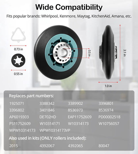 Kill The Dryer Groan With This Upgraded Drum Roller Kit 2 Pack featuring heavy duty one piece bearings, compatible with various brands.