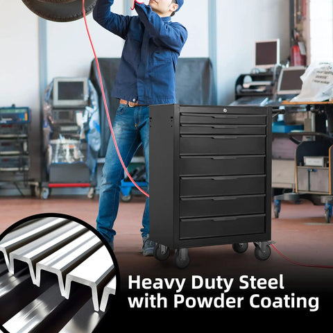 Person working in a garage beside a 24 Inch Cold Rolled Steel Tool Box With Drawers Rolling Tool Chest On Wheels Lockable Storage