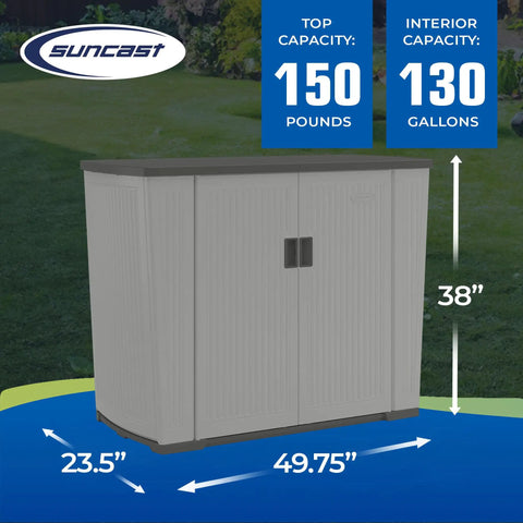 130 Gallon Outdoor Storage Cabinet With Lockable Door Backyard Oasis Basic Unit Peppercorn Finish Weatherproof Outdoor Storage For Patio Cushions Grilling Utensils Pool Toys Gardening Tools Made In USA, dimensions 23.5 x 49.75 x 38 inches