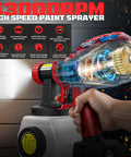 Professional Grade Cordless Paint Sprayer Compatible With Milwaukee 18V, showing hand holding, 1200ml tank, and spray action.