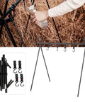 Ultra Portable Triangular Outdoor Storage Rack For Camping And Picnics set up with cookware hanger and accessories on grass