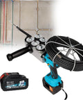 Close-up of Heavy Duty Cordless Wire Pulling Machine With Automatic Conduit Threader And Six Roller Guide, battery attached.