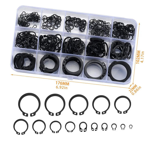 Heavy Duty Multiple Size Clip Set Ranging From 4mm To 28mm For Heavy Machinery And Car Repair Jobs That Won`t Rust Steel Rings in storage box.