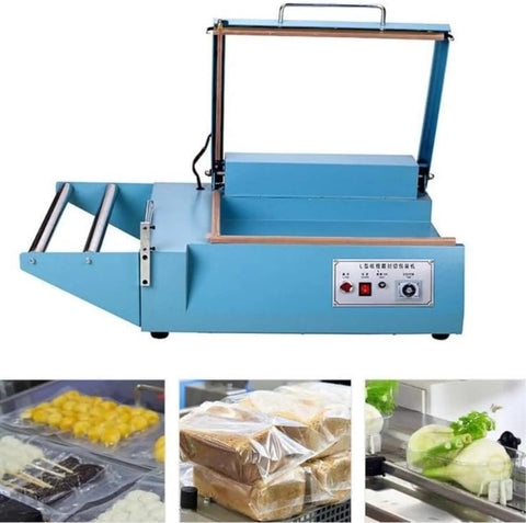 Impulse Heat Sealer Shrink Wrap Machine For Books Cds And Food, blue iron frame for fast sealing and cutting.