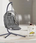 Outdoor Egg Swing Chair With Stand And Footrest, Cozy Patio Hanging Rocking Chair with cushion on patio, Dark Gray