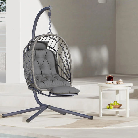 Outdoor Egg Swing Chair With Stand And Footrest, Cozy Patio Hanging Rocking Chair with cushion on patio, Dark Gray