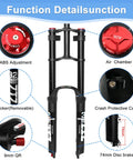 Diagram showing features of Air Suspension Fork For Mountain Bikes With 180 Mm Travel And Rebound Adjust, 9x100 Mm QR, 1-1/8 Inch Straight Steerer.