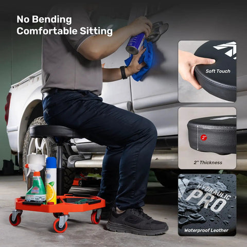 Built Tough Rolling Mechanic Stool With A Hefty 300 Lbs Rating, Adjustable Height Setup For Garage Shop Work, Swivels Slick On Floors, And Comes Loaded With Dual Tool Trays For Easy Access During Any Job