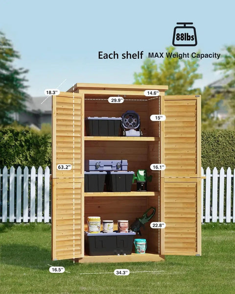 Outdoor Storage Cabinet With Lockable Double Doors And 3 Removable Shelves For Serious Tool Organization in garden.