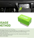 2 Pack OBD2 Fuel Saver Module For Most Cars Plug And Play Energy Optimizer That Talks To Your ECU To Fine Tune Fuel Injectors And Timing Boosting Gas Mileage Smoother Ride And Quicker Throttle Feel Green, shown next to an OBD2 port.