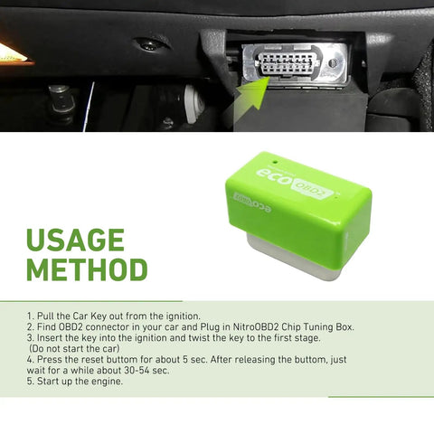 2 Pack OBD2 Fuel Saver Module For Most Cars Plug And Play Energy Optimizer That Talks To Your ECU To Fine Tune Fuel Injectors And Timing Boosting Gas Mileage Smoother Ride And Quicker Throttle Feel Green, shown next to an OBD2 port.
