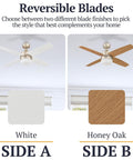 Atlas 44 Inch Modern Indoor LED Ceiling Fan with Reversible Blades in White and Honey Oak Finish for Small Rooms.