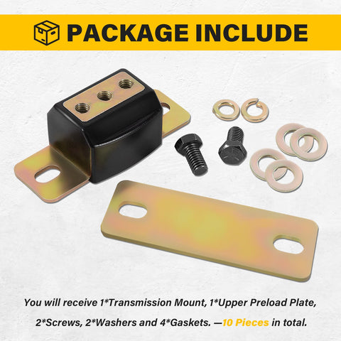 Beefy Heavy Duty Transmission Mount Bracket Kit For GM RWD Cars And 2WD Trucks Chevy Turbo Ready Replacement For TH350 TH400 And 700R4 Trans Mount Dampens Vibration Without Slacking Built Rugged For Street Easy Install. 10-piece kit with mount, plate, bolts, washers, and gaskets