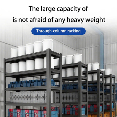 Killer 5 Tier Steel Storage Shelving Unit With Adjustable Metal Racks For Garage Warehouse And Basement Setup displaying heavy equipment storage in a warehouse.