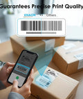 Sleek 4x6 Portable Thermal Label Printer Featuring Hella Reliable Bluetooth Sync And Stress Free App Pairing For Swift Shipping Tasks in action, showing barcode scanning using a smartphone.