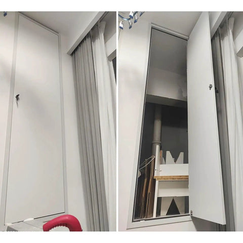 Lockable Aluminum Attic Access Door Straight Up Durable Rock Solid Soundproof Wall Panel With Easy Secure Closure For Quick Home Renovation And Top Notch Insulation Coverage, shown closed and open.