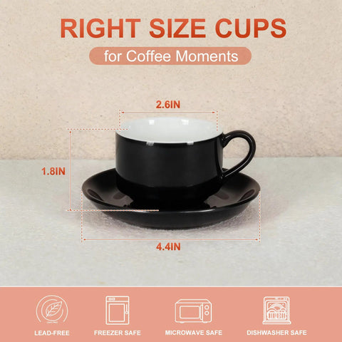 3 Ounce Espresso Cups Set Of Four With Stackable Demitasse Mugs Display Stand Saucers And Spoons For Espresso Machines And Home Use Black And Gold Tone Ideal For Double Shots shown with dimensions.