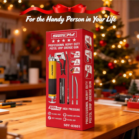 Heavy Duty Grease Gun Kit With Free 14oz Tube 8000 PSI Pistol High Pressure Lubrication Tool box in workshop setting