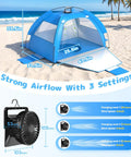 All In One Beach Tent With Solar Cooling Fan For Babies And Toddlers Anti UV Sun Shelter at beach with airflow settings shown
