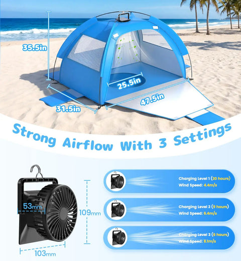 All In One Beach Tent With Solar Cooling Fan For Babies And Toddlers Anti UV Sun Shelter at beach with airflow settings shown