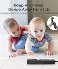 Two babies crawling near an Outdoor Waterproof Power Strip With Five Outlets And IPX4 Weatherproof Surge Protector Rugged Garden Socket.
