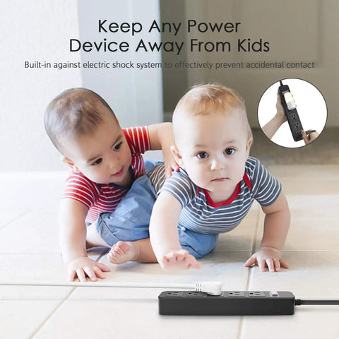 Two babies crawling near an Outdoor Waterproof Power Strip With Five Outlets And IPX4 Weatherproof Surge Protector Rugged Garden Socket.
