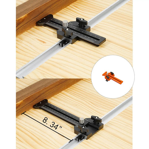 Woodworking Cutting Guide With Bidirectional Scale And Dual Locking Sliders for T Track Workbenches showing 8.34 inch measurement