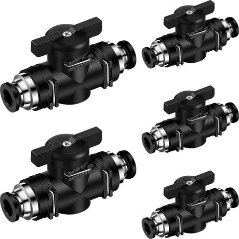 Image of a 5 Pack Three Eighths Inch OD Push To Connect Pneumatic Ball Valve Set With Quick Connect Tube Fittings For PVC Air Lines And Hoses